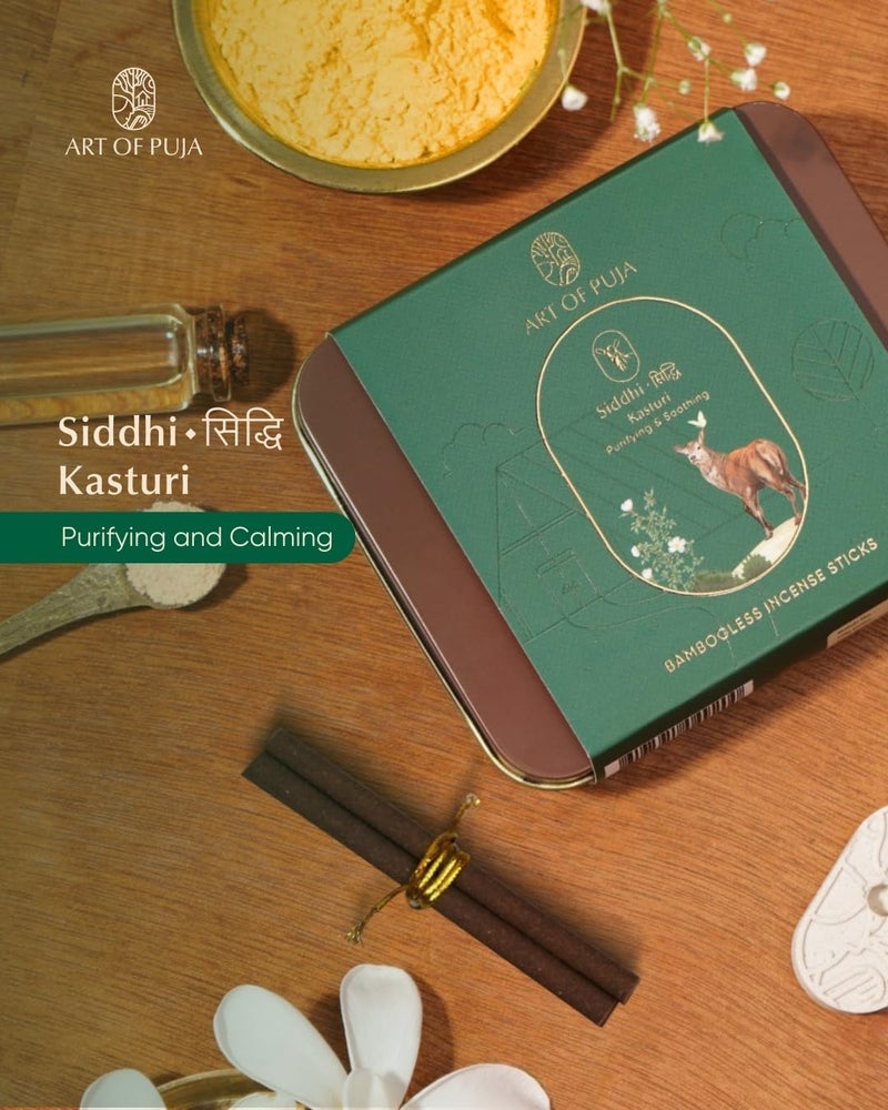 ART OF PUJA Kasturi Dhoop Sticks-27 Premium Musk Bambooless Sticks | ~1 Hr Burn, 2+ Hr Fragrance Retention | Low Smoke | Free Dhoop Holder | Reusable Tin - Image 2
