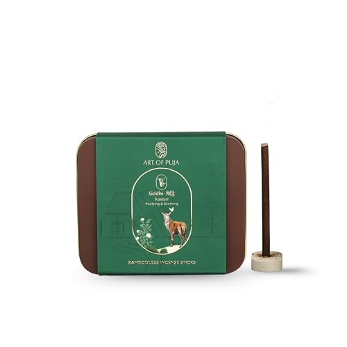ART OF PUJA Kasturi Dhoop Sticks-27 Premium Musk Bambooless Sticks | ~1 Hr Burn, 2+ Hr Fragrance Retention | Low Smoke | Free Dhoop Holder | Reusable Tin - Image 1