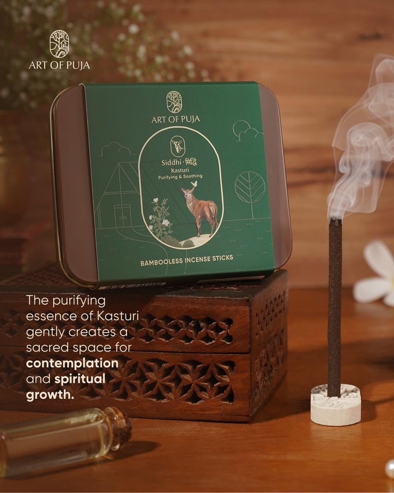 ART OF PUJA Kasturi Dhoop Sticks-27 Premium Musk Bambooless Sticks | ~1 Hr Burn, 2+ Hr Fragrance Retention | Low Smoke | Free Dhoop Holder | Reusable Tin - Image 3