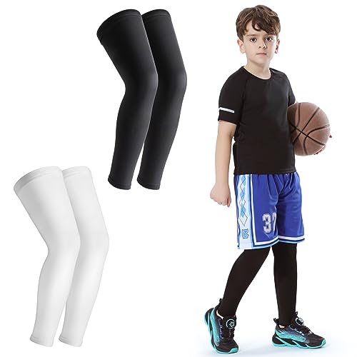 Newbyinn Kid Leg Sleeve 2 Pairs, Long Compression Leg Sleeve for Youth Boy Girl Basketball Soccer Football - Image 1