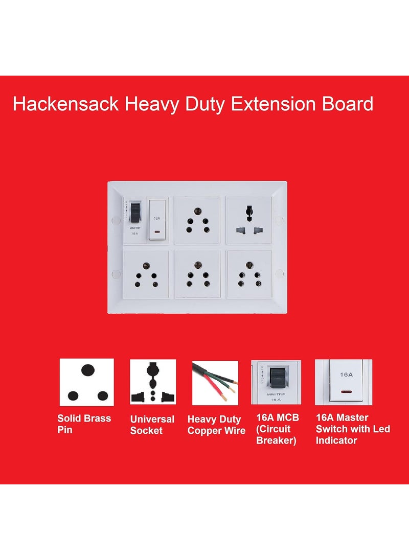 HACKENSACK Hackensack Extension Board Four 6A 113A Universal Socket Switch 16A MCB 16A with ABS 3 Meter Long 100 SQMM x 3 Core Heavy Duty Wire Cable with 6 Amp 3 Pin Plug White  - Image 3