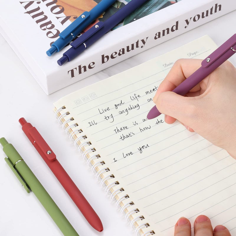 FIOVER High-End Vintage Gel Pens, 5-Pack 0.5mm Fine Point Black Ink Pens with Soft Grip & Metal Clip, Smooth Writing Retractable Pens for Journaling, Office, Note Taking(Retro color) - Image 4