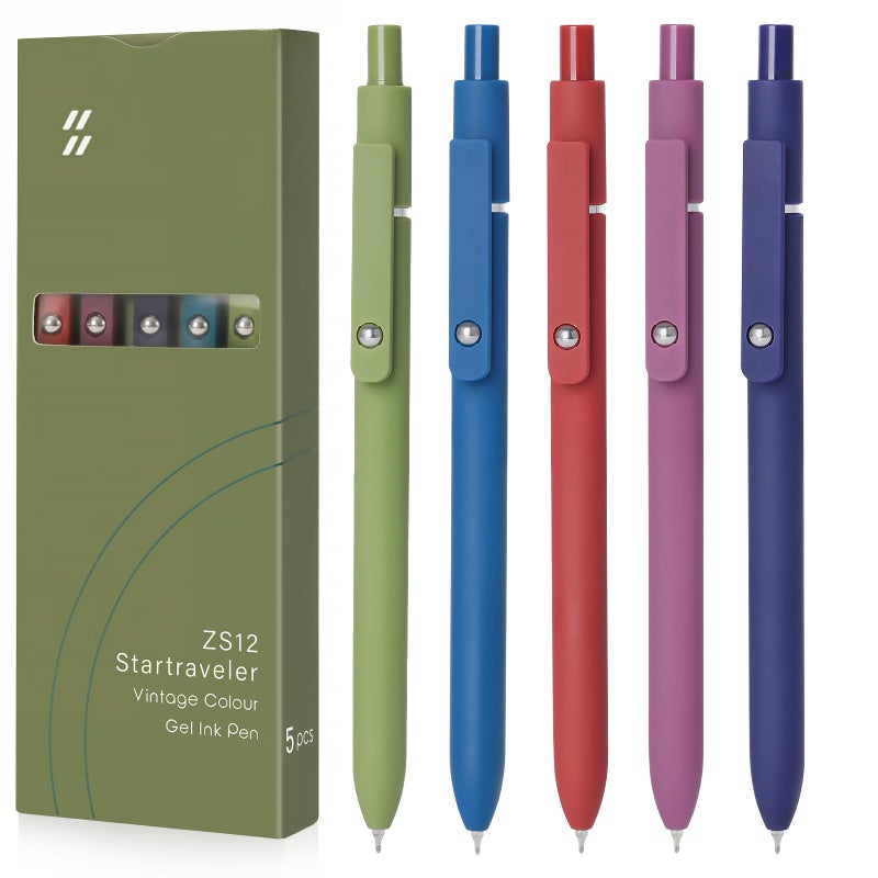 FIOVER High-End Vintage Gel Pens, 5-Pack 0.5mm Fine Point Black Ink Pens with Soft Grip & Metal Clip, Smooth Writing Retractable Pens for Journaling, Office, Note Taking(Retro color) - Image 1