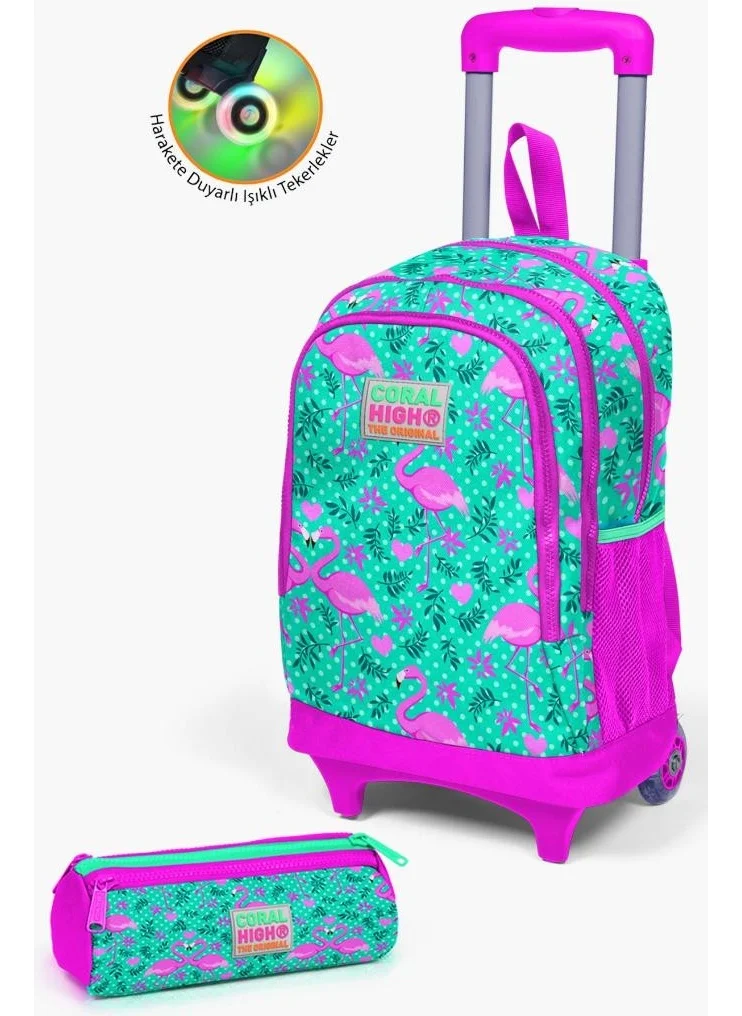 CORAL HIGH Kids Water Green Pink Flamingo Patterned Trolley 2-Piece Bag Set GOSET0223912