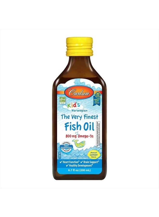 Carlson Kid's The Very Finest Fish Oil Liquid, 800 mg Omega-3s, Norwegian, Wild-Caught Fish Oil, Omega 3 Liquid for Kids, Sustainably Sourced, Lemon, 200 ml - Image 1