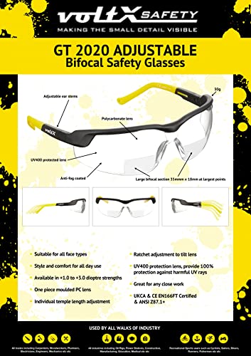 voltX GT ADJUSTABLE Bifocal Reading Safety Glasses (Clear Lens +1.5) ANSI Z87.1+ & CE EN166FT, Anti fog coated UV400 Lens, Scratch resistant, Tilt & length adjustable earstems, clip on safety cord - Image 5