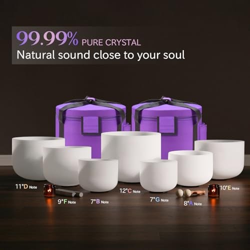 CVNC 432Hz 7-12 Inch Crystal Singing Bowl Set of 7 with 2 Pcs Carrying Case Bag, Frosted Quartz Crystal Sound Bowls for Chakra, Sound Therapy, Meditation Energy - Image 5