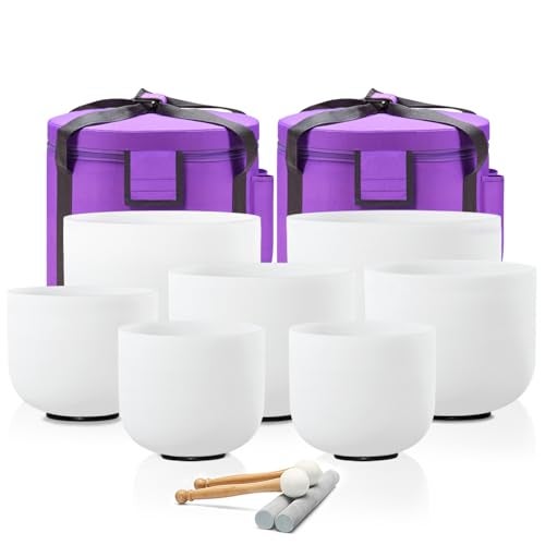 CVNC 432Hz 7-12 Inch Crystal Singing Bowl Set of 7 with 2 Pcs Carrying Case Bag, Frosted Quartz Crystal Sound Bowls for Chakra, Sound Therapy, Meditation Energy - Image 1