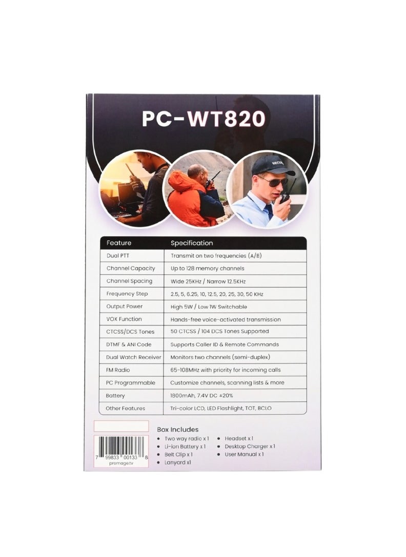 PROMAGE - Promage Connect  PC-WT820 Two Way Radios, Single Pack VOX, 50 CTCSS/ 104 DCS Tones, Tone Searching/Scanning, Dual Standby, PC Programmable, Transmitter Time-Out Timer (TOT), Busy Channel Lock-Out (BCLO), 1 Pack - Image 1