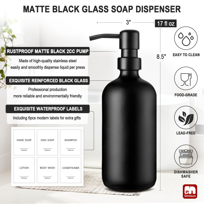 GM GMISUN GMISUN Black Soap Dispenser, 2 Pack Matte Black Hand Soap Dispensers for Bathroom, 17 Fl Oz Glass Dish Soap Dispensers for Kitchen with Stainless Steel Pump, Modern Liquid Soap Bottle - Image 3