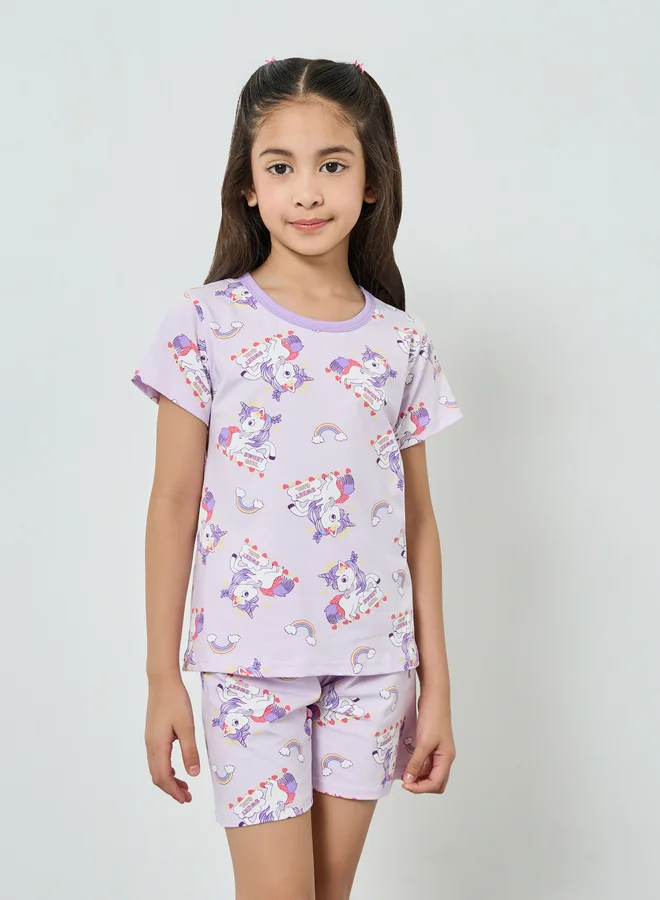 Styli Girls Unicorn Printed T-Shirt and Shorts Pyjama Set