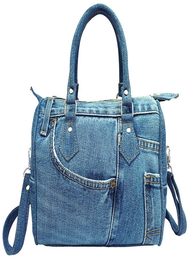 Bijoux De Ja Handmade Upcycled Denim Crossbody Handbag for Women, Lightweight Blue Jean Satchel Purse with Adjustable Strap and Top Handle for Daily Use - 10 x 8 x 5.5 inches (Medium Shade) - Image 3