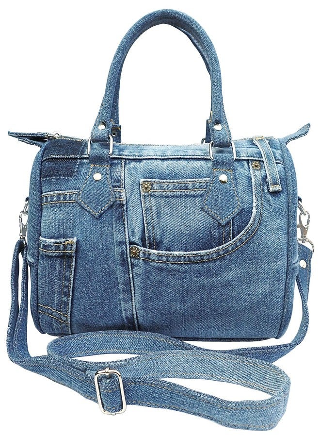 Bijoux De Ja Handmade Upcycled Denim Crossbody Handbag for Women, Lightweight Blue Jean Satchel Purse with Adjustable Strap and Top Handle for Daily Use - 10 x 8 x 5.5 inches (Medium Shade) - Image 1