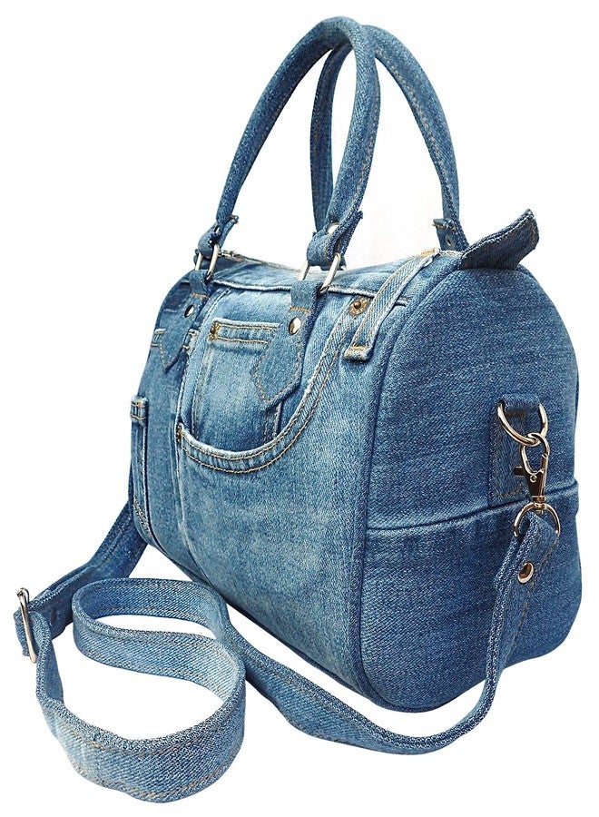 Bijoux De Ja Handmade Upcycled Denim Crossbody Handbag for Women, Lightweight Blue Jean Satchel Purse with Adjustable Strap and Top Handle for Daily Use - 10 x 8 x 5.5 inches (Medium Shade) - Image 2