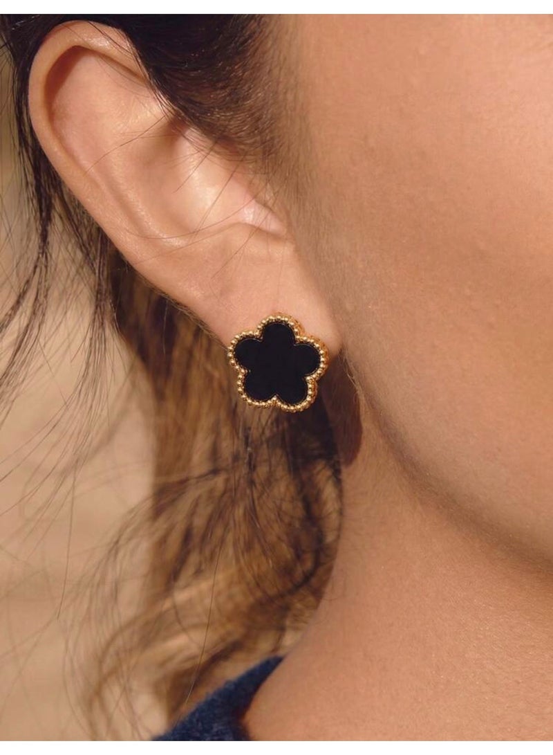 Shein Women's Stainless Steel Black Clover Stud Earrings – Gold Tone – Tarnish & Rust Resistant – Elegant Fashion Jewelry - Image 1