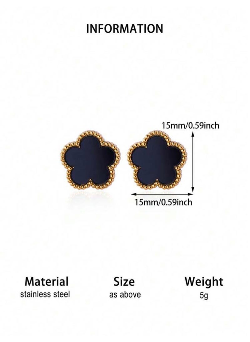 Shein Women's Stainless Steel Black Clover Stud Earrings – Gold Tone – Tarnish & Rust Resistant – Elegant Fashion Jewelry - Image 4