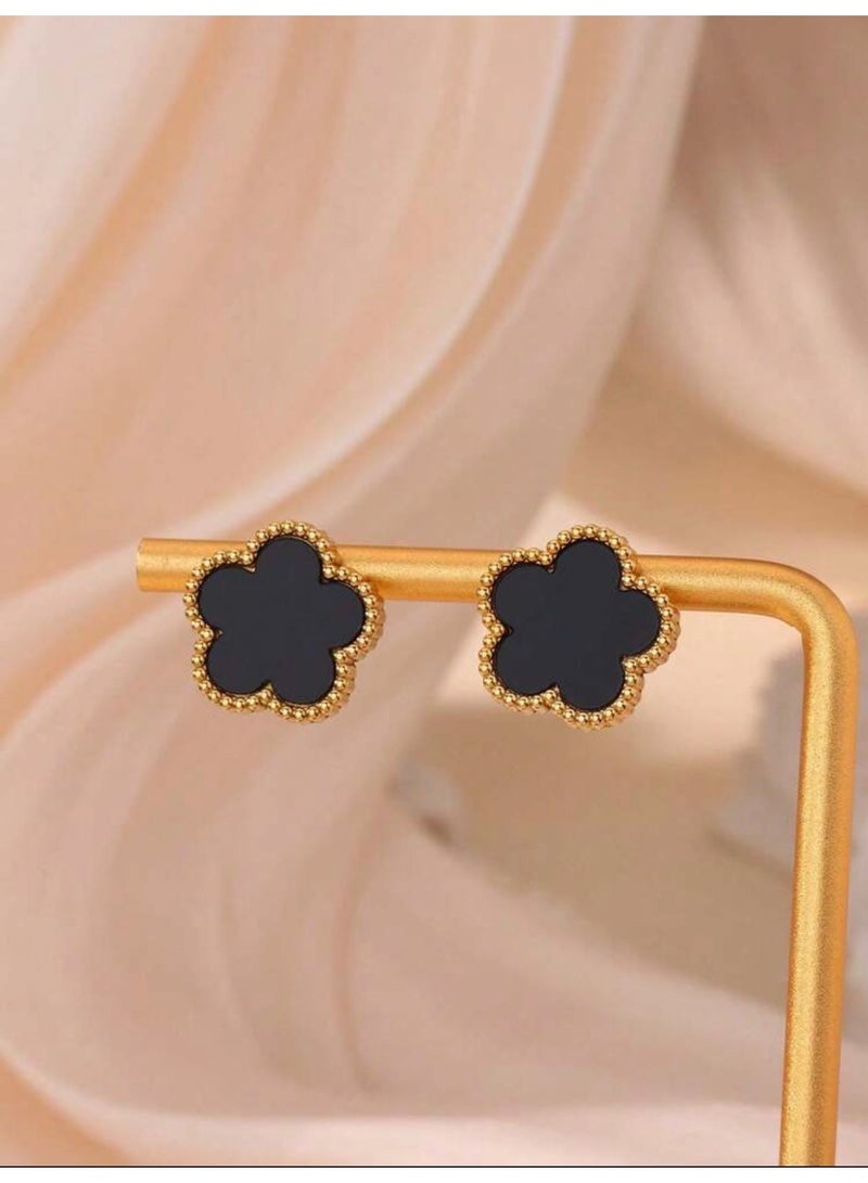 Shein Women's Stainless Steel Black Clover Stud Earrings – Gold Tone – Tarnish & Rust Resistant – Elegant Fashion Jewelry - Image 2