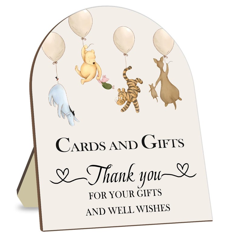 Hatzelou Winnie Cards and Gift Sign, Classic Pooh Thank You Wooden Sign, Classic Winnie Bridal Shower Baby Shower Favors, Thank You for Your Gift and Well Wishes Sign with Stand 9 * 11IN - Image 1