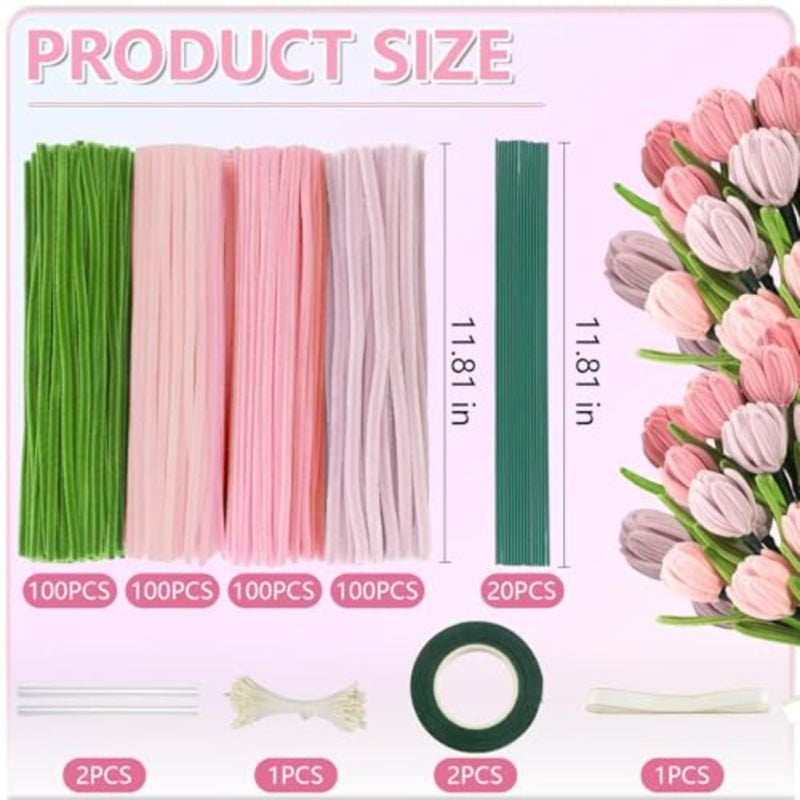 منظفات الأنابيب DIY، 400 قطعة في 4 ألوان، منظفات الأنابيب للحرف اليدوية، مجموعة منظفات الأنابيب الوردية مع السداة والشريط وعصي الغراء، وتعليمي لباقات التوليب - Image 4