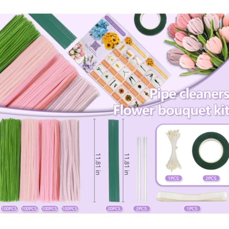 منظفات الأنابيب DIY، 400 قطعة في 4 ألوان، منظفات الأنابيب للحرف اليدوية، مجموعة منظفات الأنابيب الوردية مع السداة والشريط وعصي الغراء، وتعليمي لباقات التوليب - Image 2