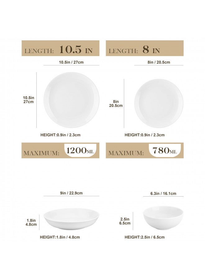 MALACASA 24-Piece Gourmet Porcelain Dinnerware Sets, Modern White Round Dish Set for 6 - Premium Serving Plates and Bowls Sets for Dessert, Salad, Soup, Pasta - Series AMELIA - Image 2