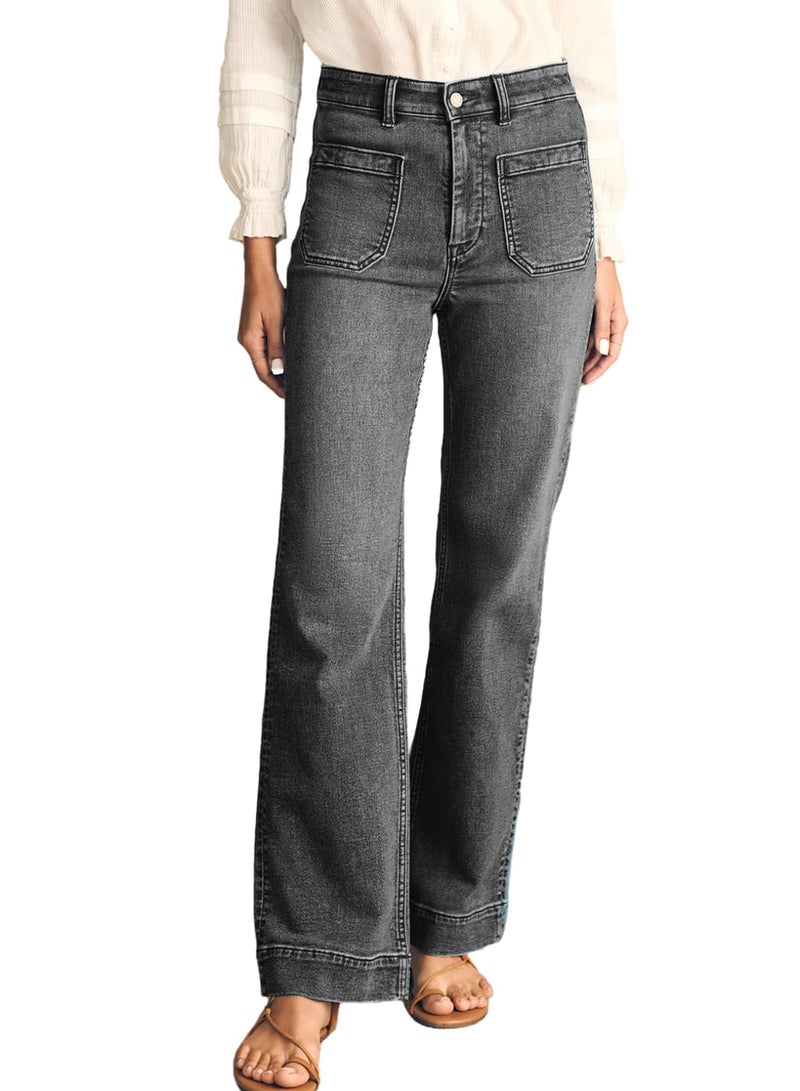 Astylish Wide Leg Jeans for Women Trendy High Waisted Straight Jeans Loose Denim Pants Stretchy Buttoned Baggy with Patch Pockets Size 18 Gray - Image 1