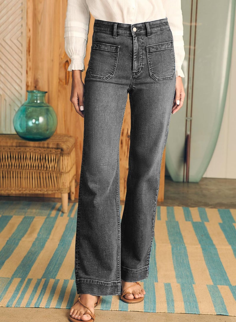 Astylish Wide Leg Jeans for Women Trendy High Waisted Straight Jeans Loose Denim Pants Stretchy Buttoned Baggy with Patch Pockets Size 18 Gray - Image 2