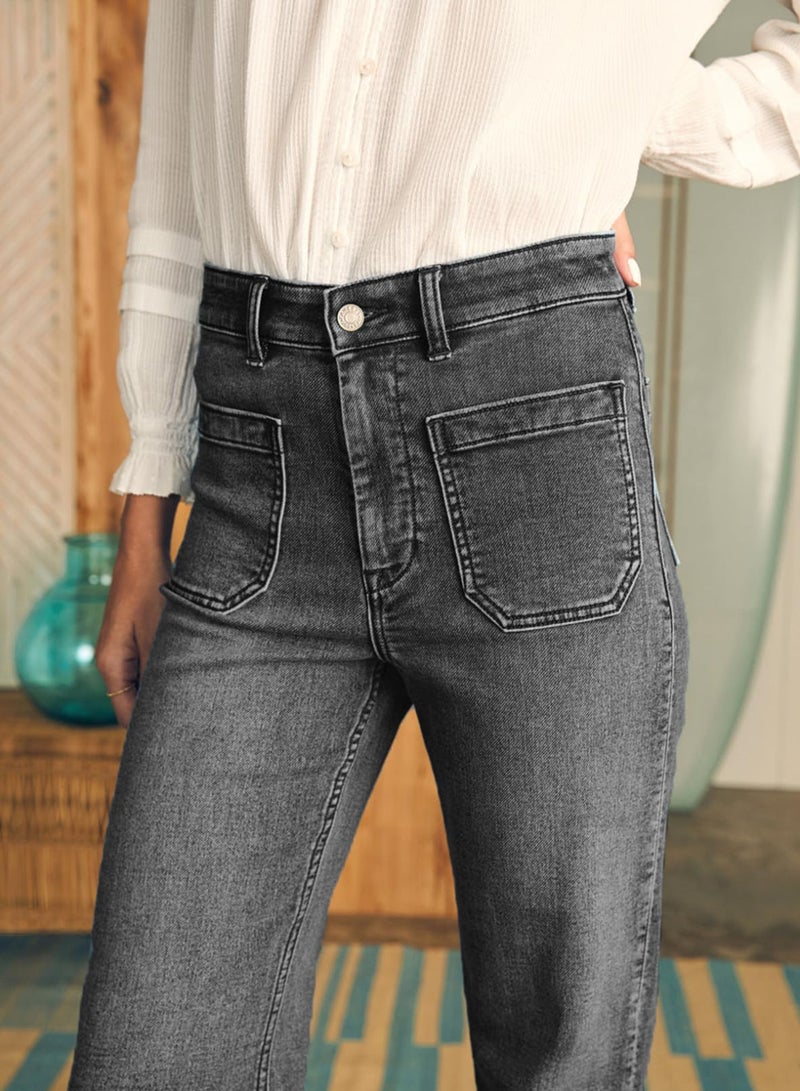 Astylish Wide Leg Jeans for Women Trendy High Waisted Straight Jeans Loose Denim Pants Stretchy Buttoned Baggy with Patch Pockets Size 18 Gray - Image 4