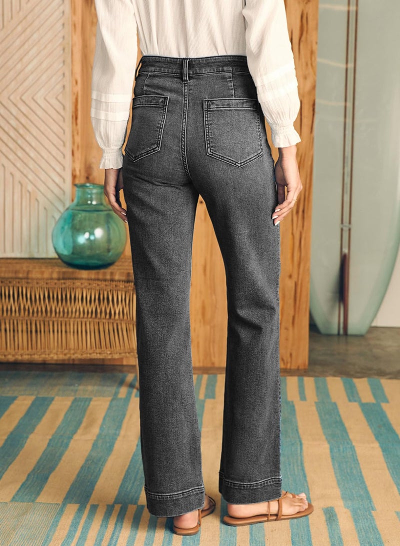 Astylish Wide Leg Jeans for Women Trendy High Waisted Straight Jeans Loose Denim Pants Stretchy Buttoned Baggy with Patch Pockets Size 18 Gray - Image 3
