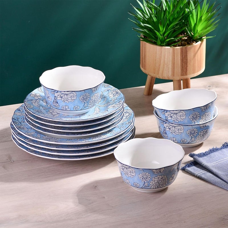 222 Fifth Cleremont 12Piece Light Blue Porcelain Dinnerware Set  Service for 4 Includes Dinner Plates Salad Plates  Cereal Bowls Glossy Finish Dishwasher Safe for Daily Dining  Entertainment - Image 2