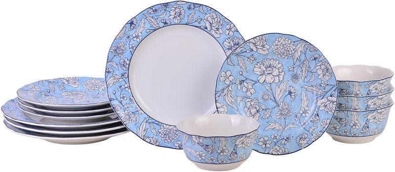 222 Fifth Cleremont 12Piece Light Blue Porcelain Dinnerware Set  Service for 4 Includes Dinner Plates Salad Plates  Cereal Bowls Glossy Finish Dishwasher Safe for Daily Dining  Entertainment - Image 1