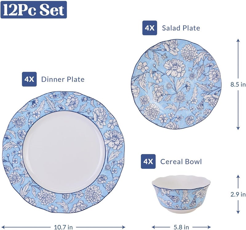 222 Fifth Cleremont 12Piece Light Blue Porcelain Dinnerware Set  Service for 4 Includes Dinner Plates Salad Plates  Cereal Bowls Glossy Finish Dishwasher Safe for Daily Dining  Entertainment - Image 4