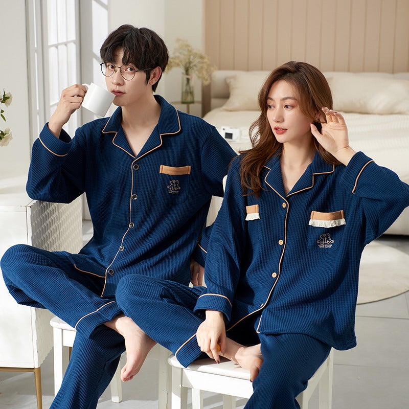 Couple Pajamas Waffle Long Sleeve Trousers New Arrival One-Man One-Woman Casual Style Home Clothes Suit - Image 3