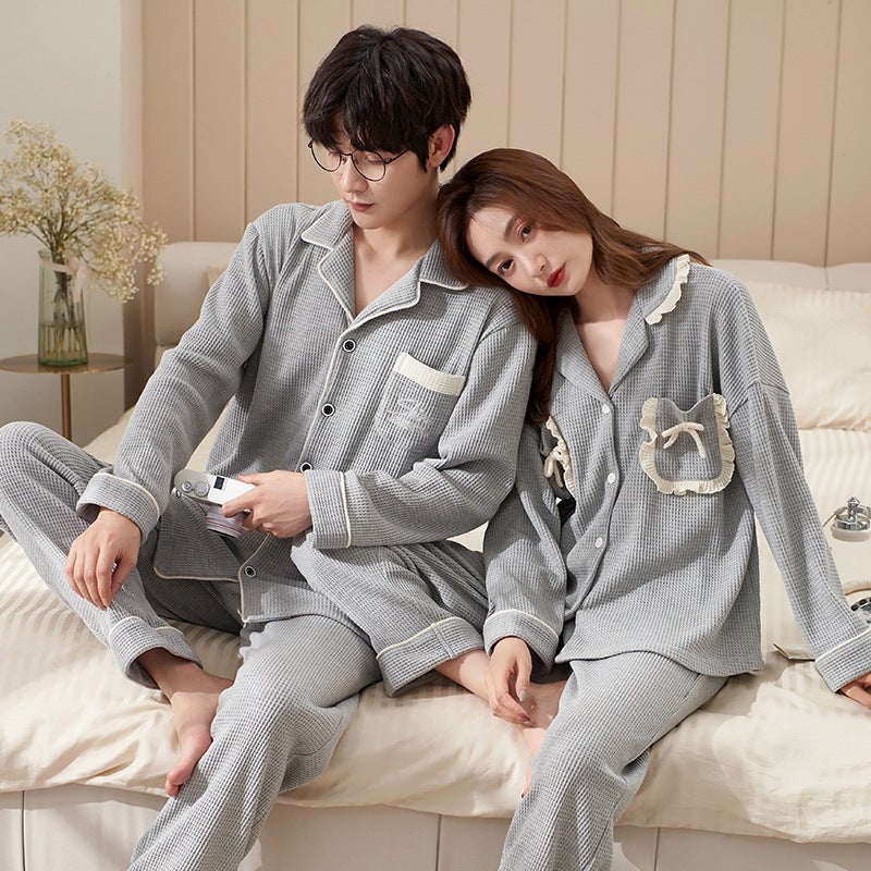 Couple Pajamas Waffle Long Sleeve Trousers New Arrival One-Man One-Woman Casual Style Home Clothes Suit - Image 4