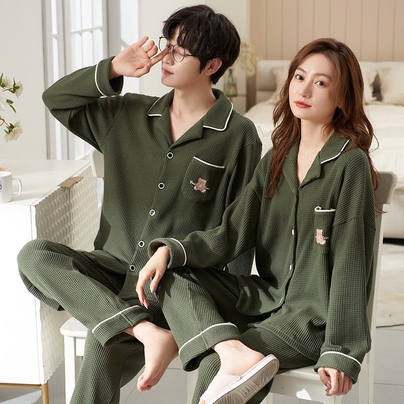 Couple Pajamas Waffle Long Sleeve Trousers New Arrival One-Man One-Woman Casual Style Home Clothes Suit - Image 2