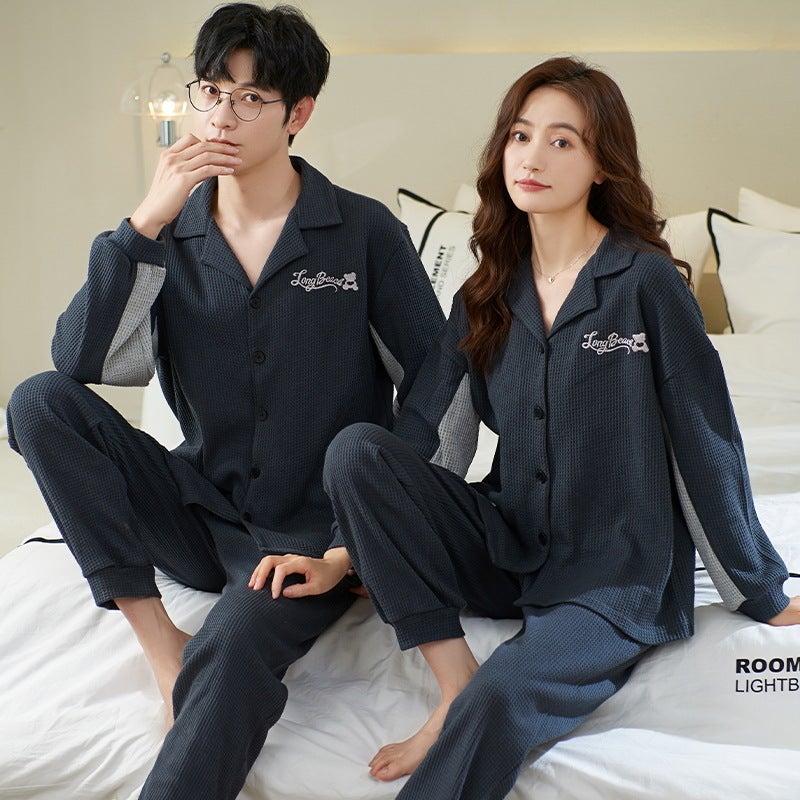 Couple Pajamas Waffle Long Sleeve Trousers New Arrival One-Man One-Woman Casual Style Home Clothes Suit - Image 1