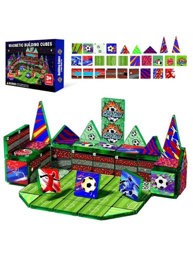 52 PCS Soccer Magnetic Building Cubes, 3D Magnetic Tiles Stadium Construction Toy, STEM Educational Magnet Blocks Set, Creative Football Theme Building Playset Gift for Kids Boys Girls Age 3+