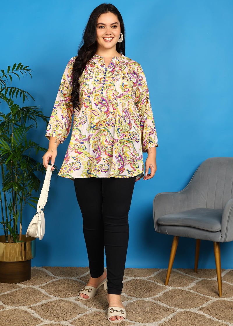 Yash Gallery Women’s Multicolor Paisley Print Chiffon Tunic Top with Pintucks & Button Placket | Round Neck with Notch, 3/4 Sleeves | A-Line Short Kurti - Image 2