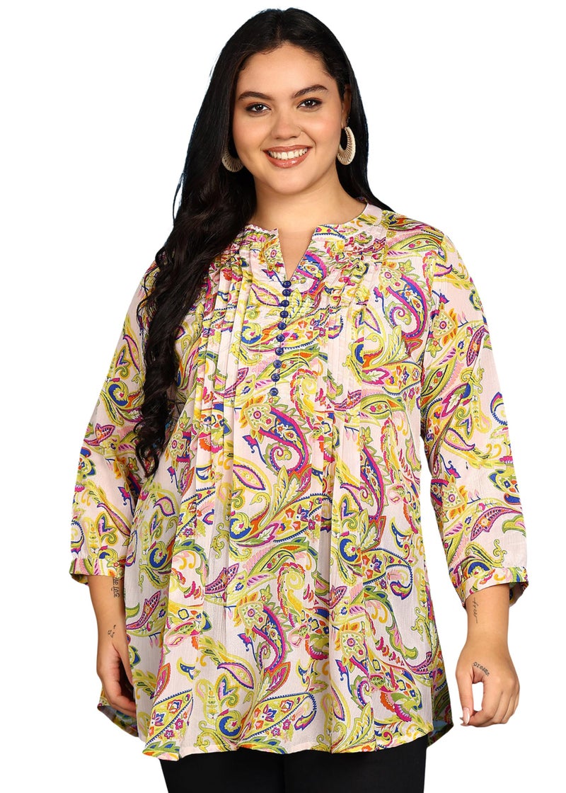 Yash Gallery Women’s Multicolor Paisley Print Chiffon Tunic Top with Pintucks & Button Placket | Round Neck with Notch, 3/4 Sleeves | A-Line Short Kurti - Image 1