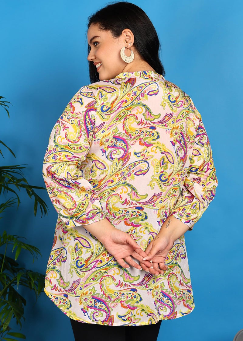 Yash Gallery Women’s Multicolor Paisley Print Chiffon Tunic Top with Pintucks & Button Placket | Round Neck with Notch, 3/4 Sleeves | A-Line Short Kurti - Image 4