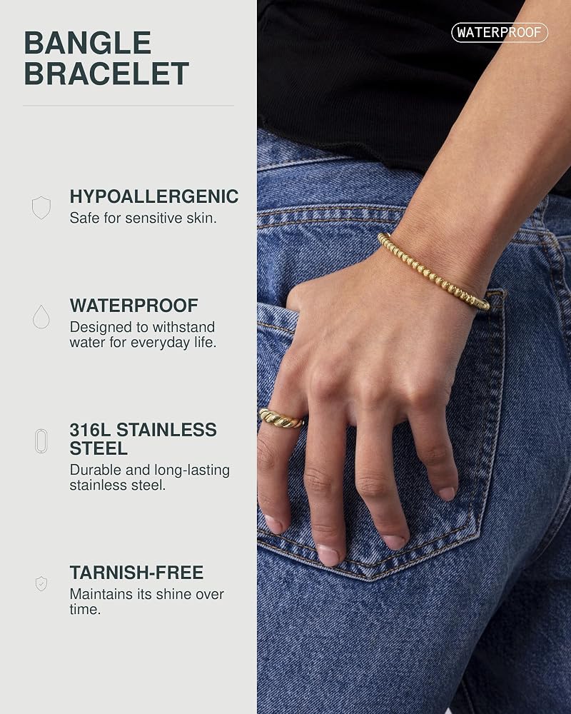 PAVOI 14K Gold Plated and Stainless Steel Beaded Bangle for Women 6.5 or 7" Bracelet - Image 2