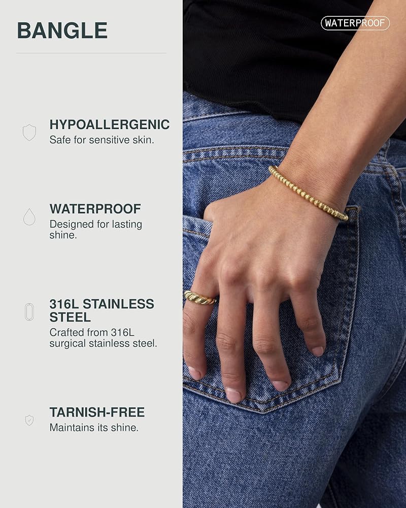 PAVOI 14K Gold Plated and Stainless Steel Beaded Bangle for Women 6.5 or 7" Bracelet - Image 3