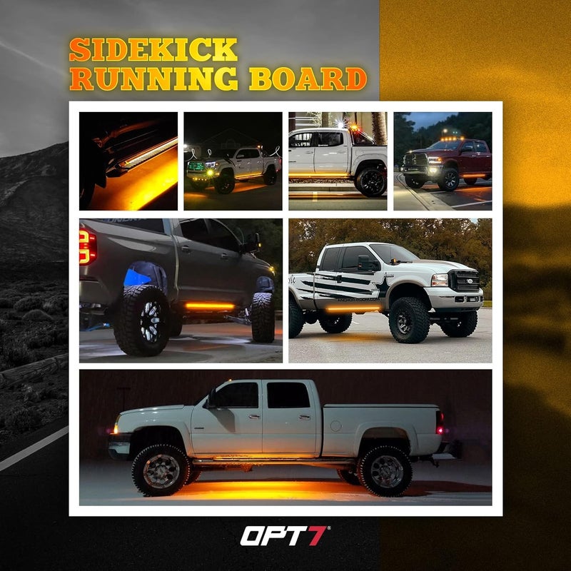 OPT7 أضواء لوحة الجري Sidekick مقاس 48 بوصة، شريطان LED مع إشارة انعطاف جانبية كهرمانية متتابعة، ضوء نهار، ضوء ترحيب أبيض لشاحنات الكابينة العادية، بيك أب، SUV، مقطورة - زينة الشاحنات - Image 5
