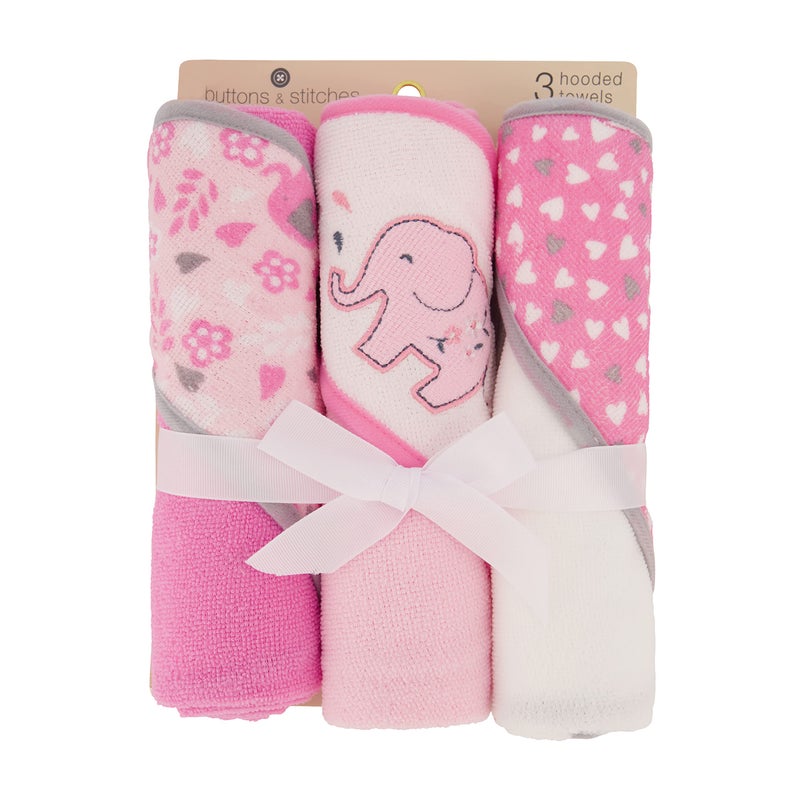 Cudlie Buttons & Stitches Baby Girl 3 Pack Rolled/Carded Hooded Towels in Blooming Elephant Print, GS71729 - Image 2