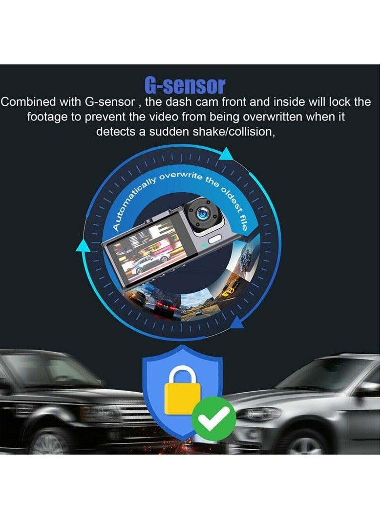 AROAQ كاميرا dashboard 3 قنوات ، كاميرا ثلاثية الاتجاهات للسيارة مزودة برؤية ليلية بالأشعة تحت الحمراء ، تسجيل متكرر وشاشة IPS 2 بوصة 1080P للكاميرا الأمامية والخلفية الداخلية ، (3 كاميرات بدون بطاقة) - Image 4