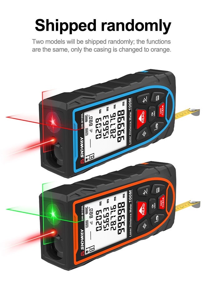 إس إن دي واي 100Mجهاز قياس مسافات محمول باليد يعمل بالليزر الرقمي، مع شريط قياس بالليزر، يدعم التبديل بين الوحدات (متر/بوصة/قدم)، شاشة LCD مضيئة بخلفية، لقياس المسافة، وحساب نظرية فيثاغورس، والمساحة والحجم. - Image 2