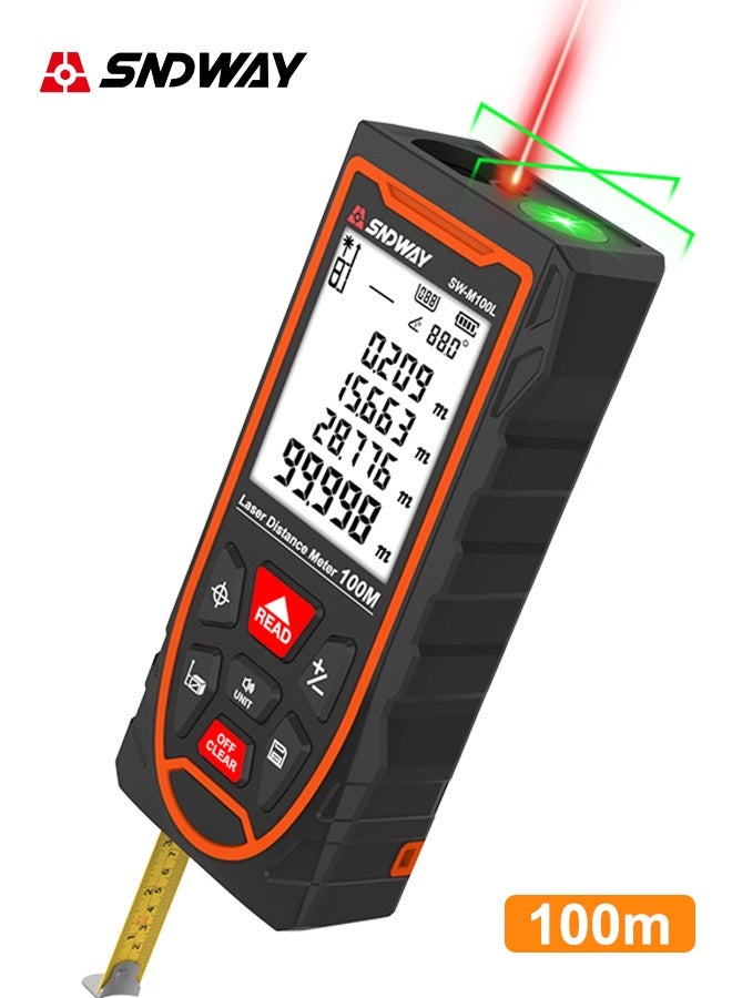 إس إن دي واي 100Mجهاز قياس مسافات محمول باليد يعمل بالليزر الرقمي، مع شريط قياس بالليزر، يدعم التبديل بين الوحدات (متر/بوصة/قدم)، شاشة LCD مضيئة بخلفية، لقياس المسافة، وحساب نظرية فيثاغورس، والمساحة والحجم. - Image 1
