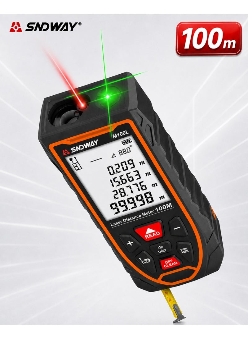 SNDWAY 100M Portable Handheld Digital Cross Line Laser Rangefinder Tape Range Finder with M/in/Ft Unit Switching Backlit LCD Display Measure Distance Pythagorean Area and Volume - Image 1