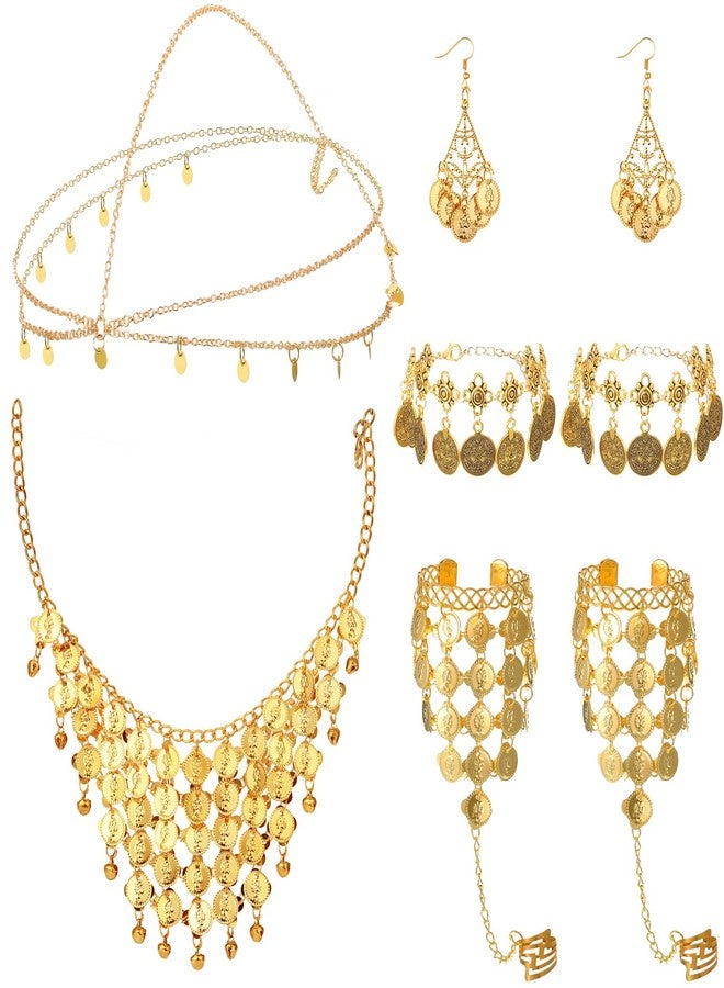 Inbagi Belly Dance Jewelry Set Women Belly Dance Gold Sequins Head Chain Coins Necklace Earrings Bracelets Bohemian Tassel Anklet Chain Hand Ring Bracelet Anklet Coin Veil Necklace - Image 1