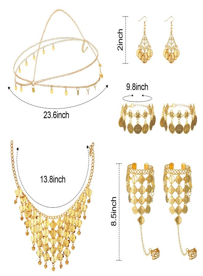 Inbagi Belly Dance Jewelry Set Women Belly Dance Gold Sequins Head Chain Coins Necklace Earrings Bracelets Bohemian Tassel Anklet Chain Hand Ring Bracelet Anklet Coin Veil Necklace - Image 2